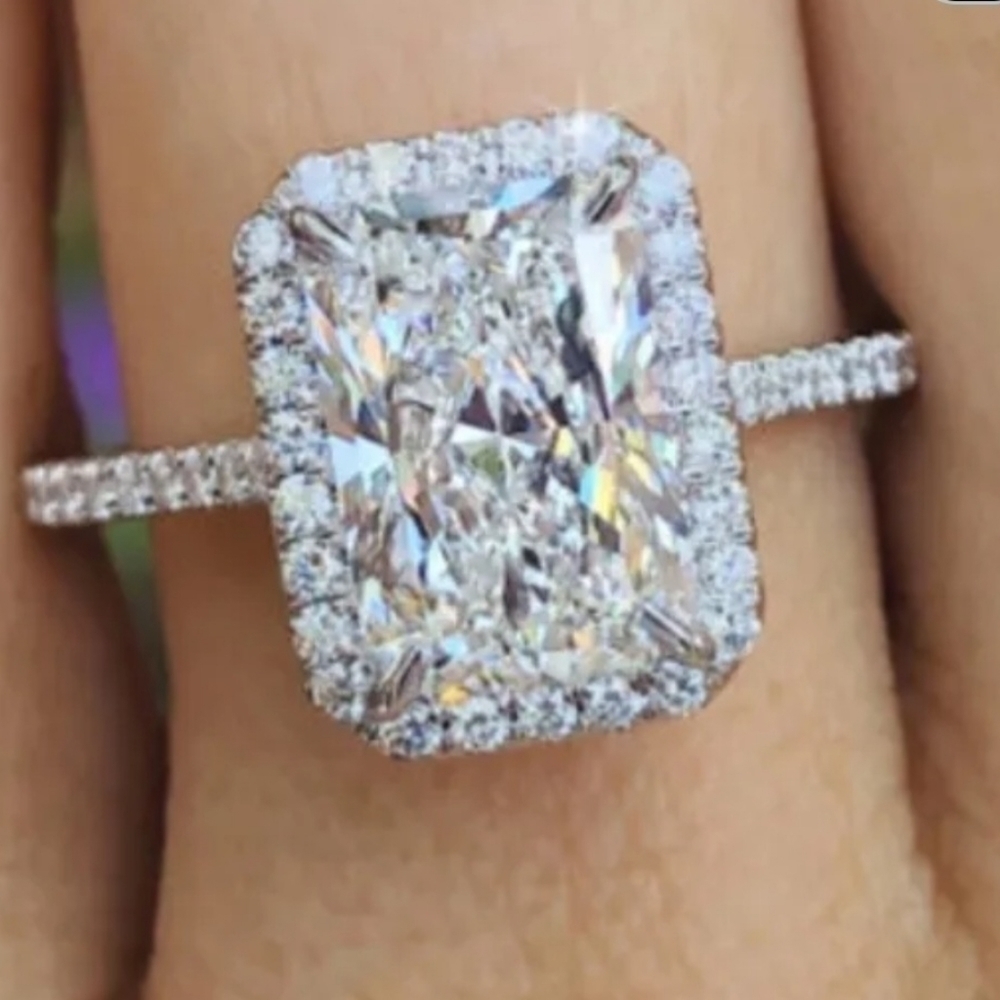 925 Sterling Silver Square Cut White Sapphire Side Micro Inlay Diamond R… - Picture 2 of 9